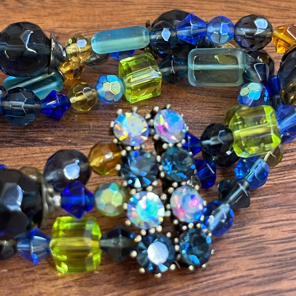 Artisan Glass Bead Stretch Bracelet Blue Green AB Crystal Statement